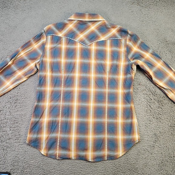 Panhandle Shirt Womens Large Blue Yellow Plaid Western Pearl Snap Embroidered - Picture 8 of 8